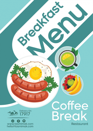 Editable breakfast menu template with turquoise color