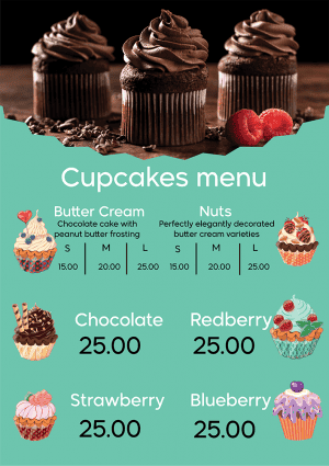 Cakes | Cupcakes menu design with turquoise background 