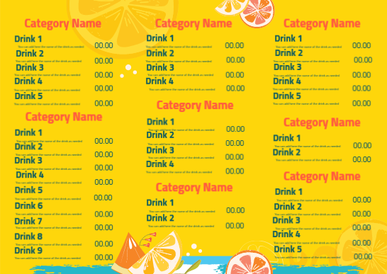 Summer Drinks menu maker | Menu Design Images  | Beverages Menu Design Template | Custom Drink Menu Templates 3 Previews